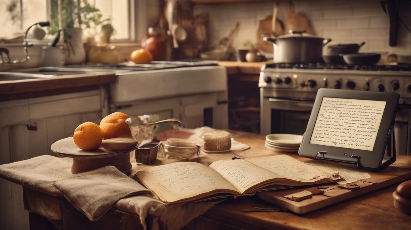 Eine alte Küche mit geöffneten Rezepten bereit für kulinarische Genüsse