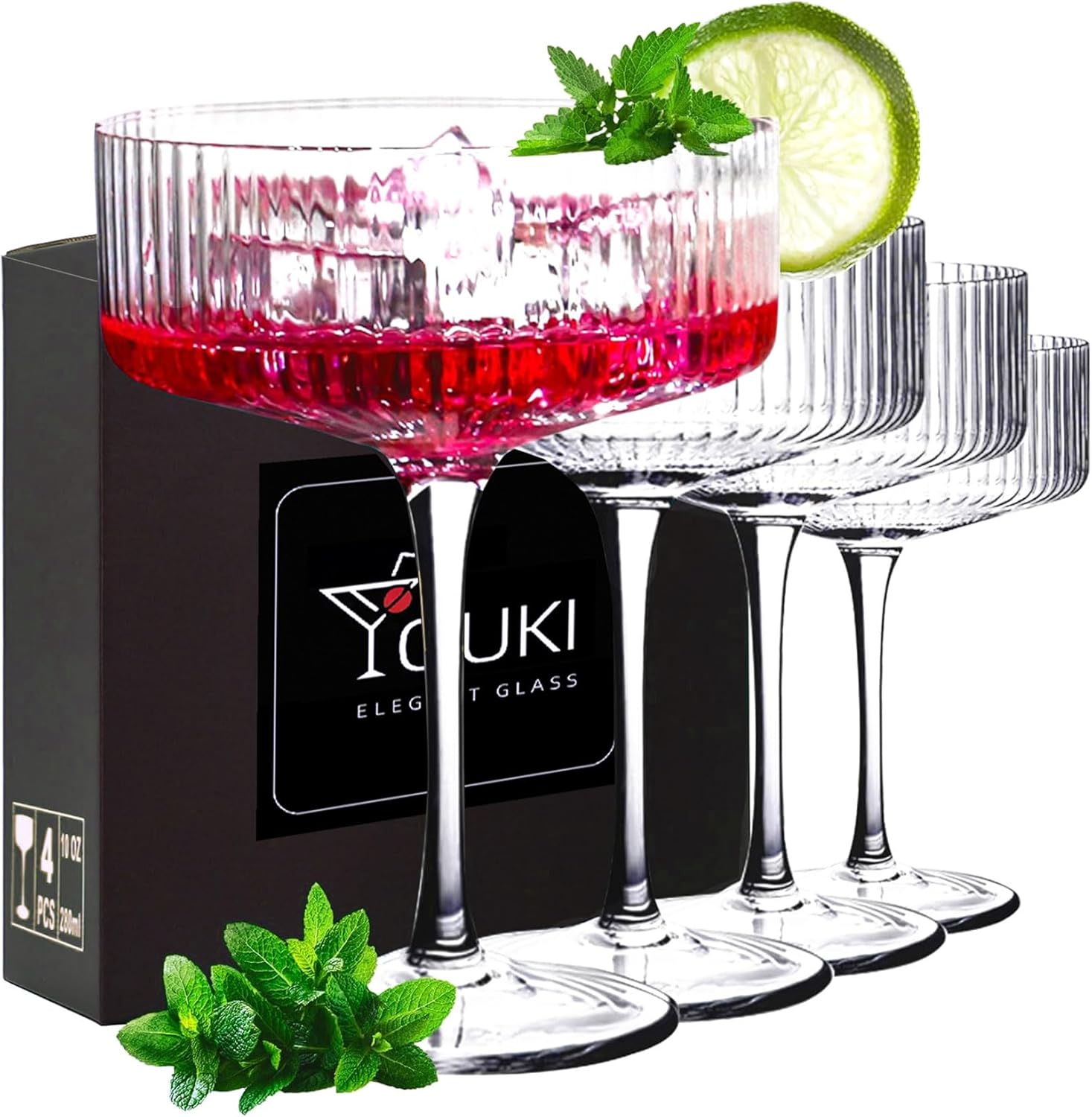 YOUKI Cocktailgläser, Vintage-Coupé-Gläser-Set, Champagner, Cocktail, Martini, Weingläser, langer Stiel, 280 ml, 4 Stück