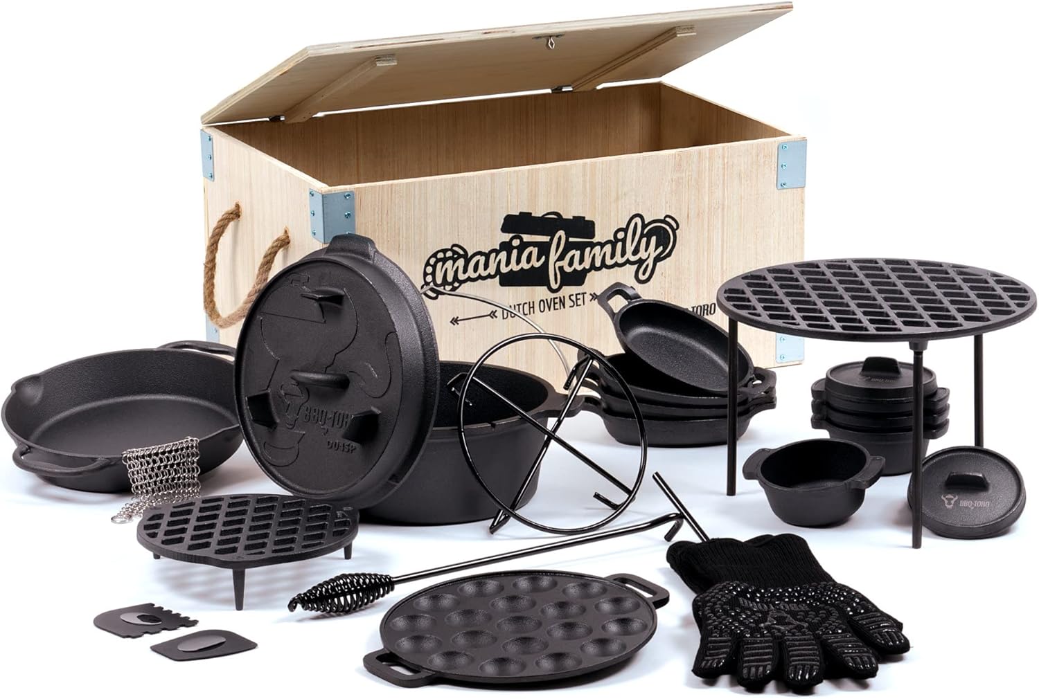 BBQ-Toro 19-teiliges Dutch Oven Set Mania Family in Holzkiste | Mit Feuertopf und mehr | Gusseisen - Bereits eingebrannt | Grill, Dutch Ovens, Grilltopf BBQ-Toro 19-teiliges Dutch Oven Set Mania Family in Holzkiste | Mit Feuertopf und mehr | Gusseisen - Bereits eingebrannt | Grill, Dutch Ovens, Grilltopf