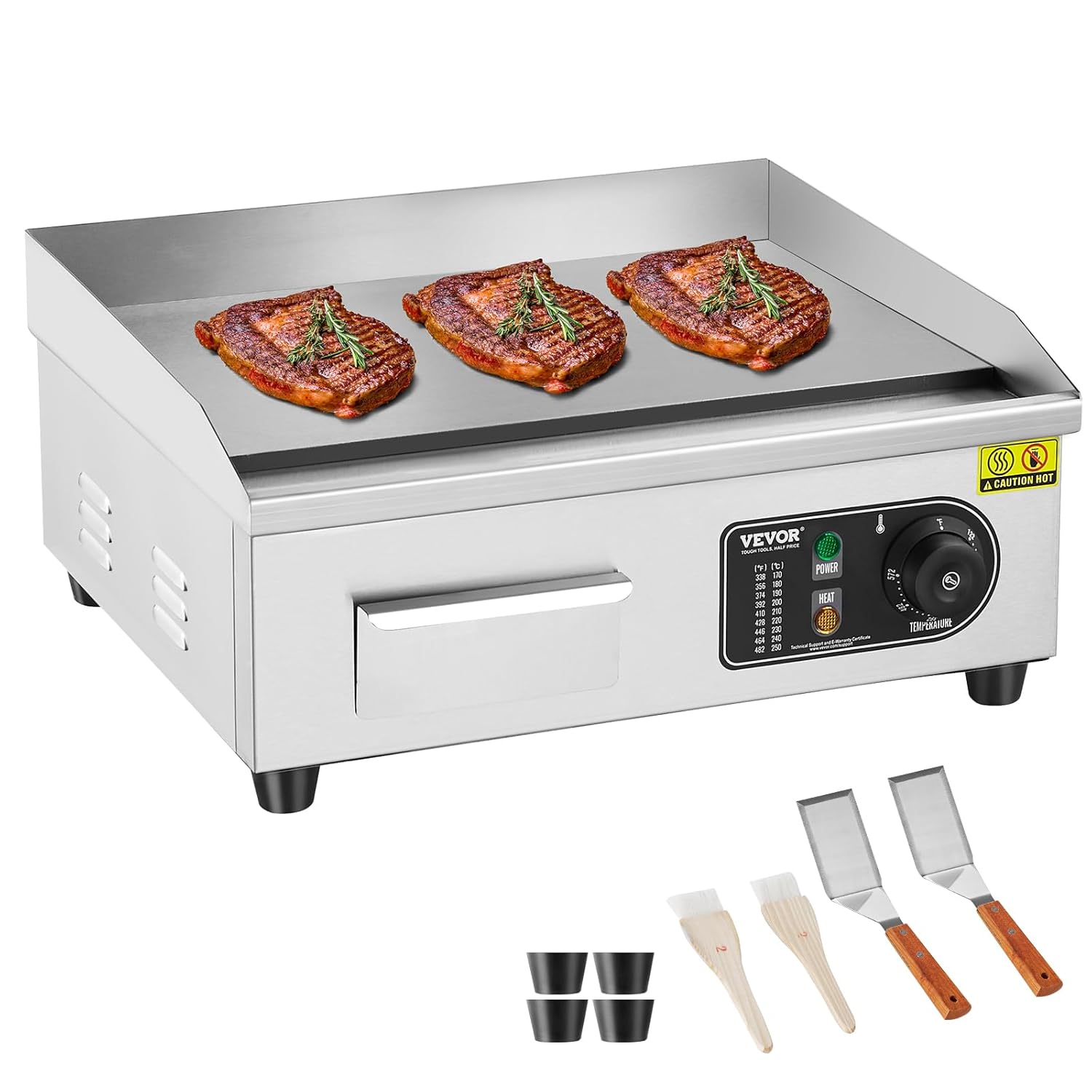 Elektrische Grillplatte, 2800 W, einstellbare Temperatur 50 – 300 °C, Platte aus Edelstahl 45 x 30 x 1 cm, mit 2 Flügeln und 2 Bürsten für Haus oder Restaurant