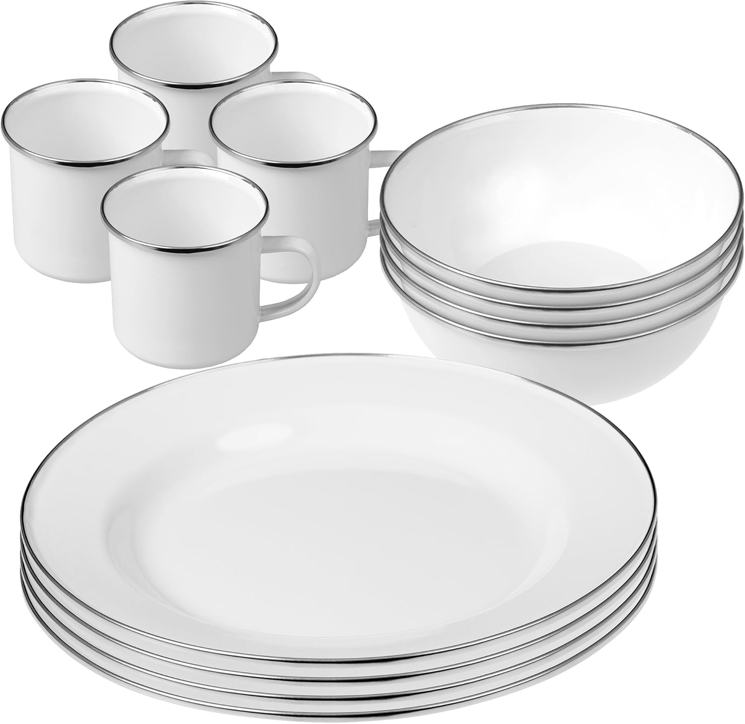Emaille Camping Geschirr Set für 4 Personen, weiß, Teller, Schüsseln, Becher mit Henkel für Outdoor-Erlebnisse, Ideal für Camping und Picknick Emaille Camping Geschirr Set für 4 Personen, weiß, Teller, Schüsseln, Becher mit Henkel für Outdoor-Erlebnisse, Ideal für Camping und Picknick