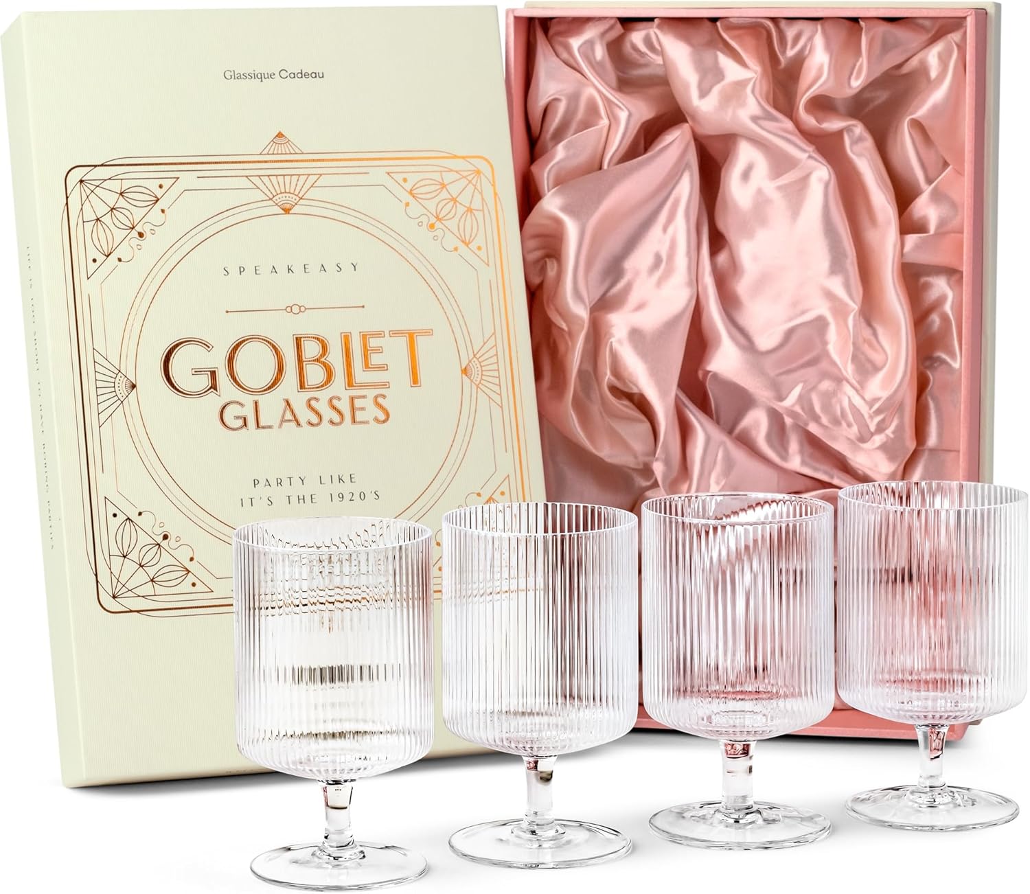 GLASSIQUE CADEAU Vintage Art Deco Gerippte Kristall Gin Cocktailgläser mit Stiel | 4er set | 300 ml Geriffelte Ausgefallene Kelch Trinkgläser für Cocktails