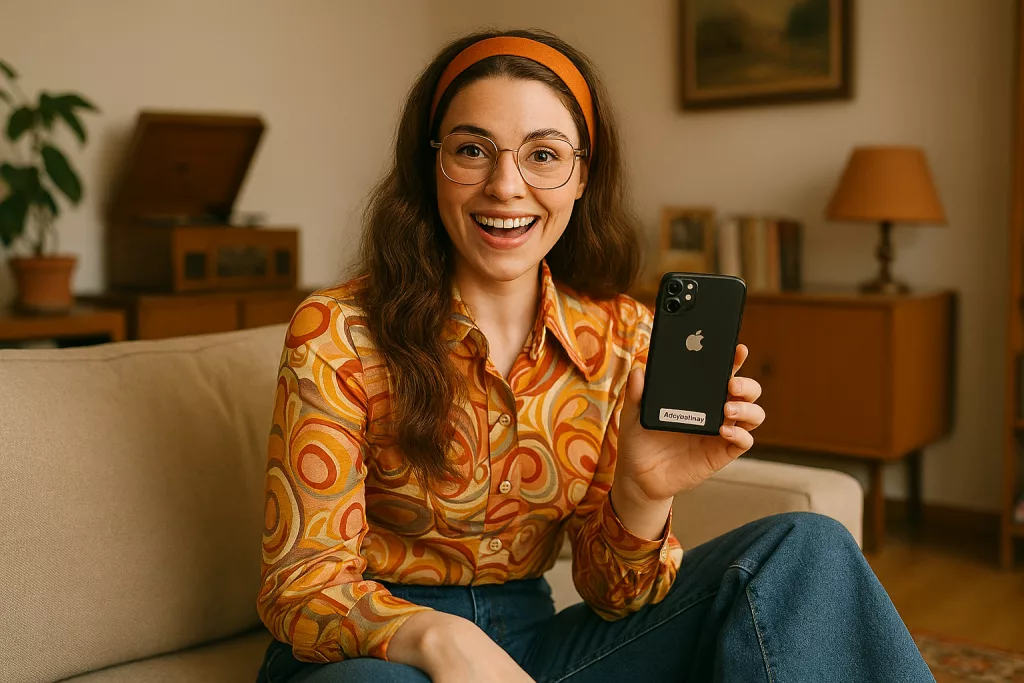 Glückliche Frau mit neuem Handy.