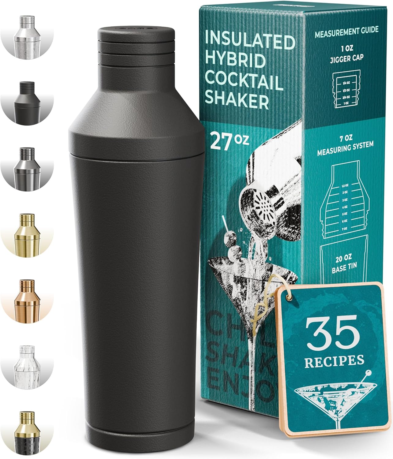Isolierter Cocktail-Shaker | doppelwandiger Edelstahl | Martini-Shaker für Hausbar Barkeeper | Integriertes Getränkemesssystem & Sieb, Reisetasche, 35 Rezepte | Geschenkset (mattschwarz)