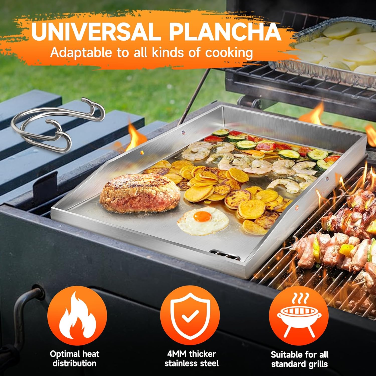 Grillplatte Plancha, 4 mm starker Edelstahlgrill für Gas- und Holzkohlegrills 40 x 30 x 4 cm, mit abnehmbarem Griff, mit 2 Grillspatel-Set Grillplatte Plancha, 4 mm starker Edelstahlgrill für Gas- und Holzkohlegrills 40 x 30 x 4 cm, mit abnehmbarem Griff, mit 2 Grillspatel-Set
