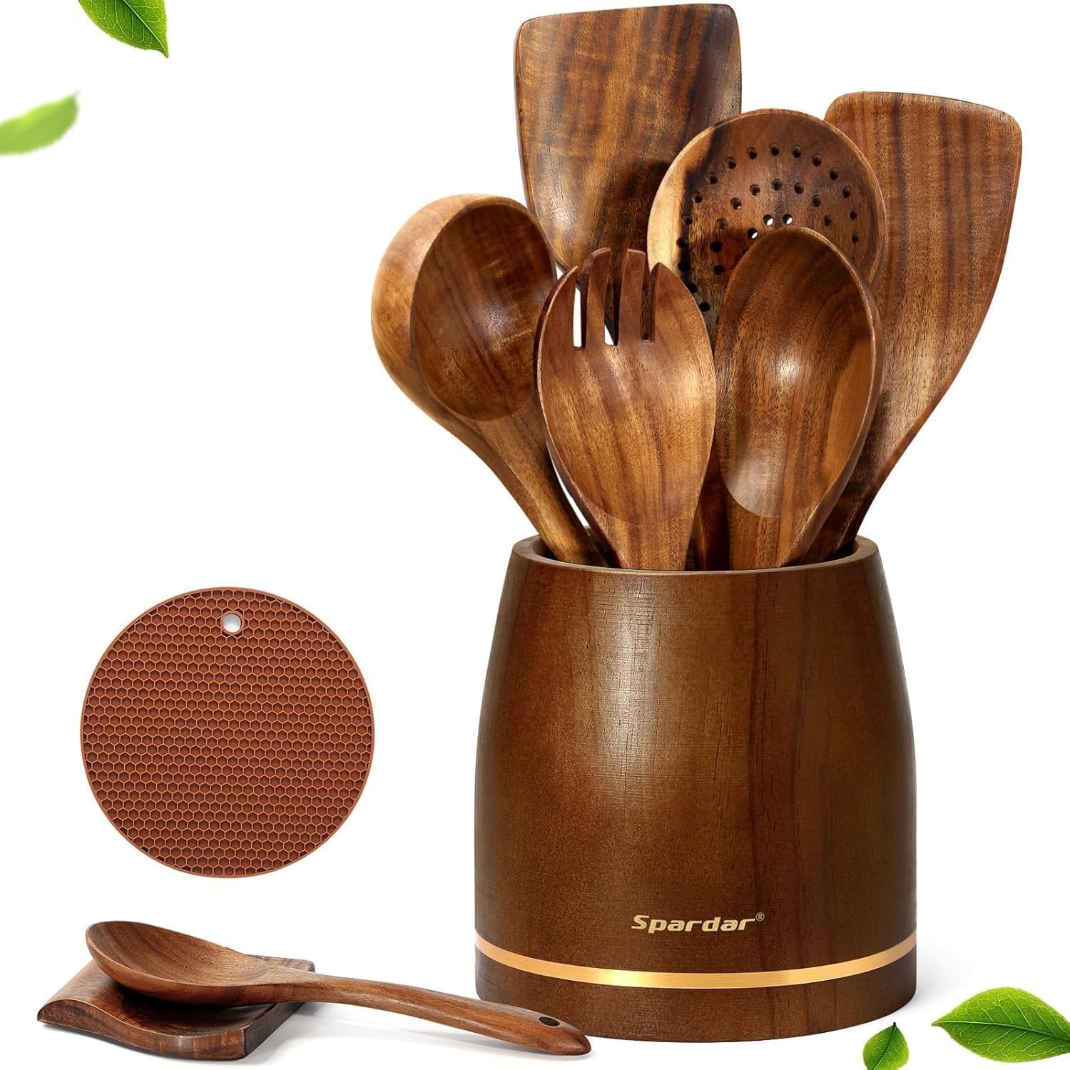 Spardar Holz Kochbesteck, 9 Teiliges Teak Holzlöffel Set mit 6 Kochlöffel Holz, Löffelablage, 4.2" Utensilienhalter und Topflappen für Küchendekoration und Einweihungsgeschenk Spardar Holz Kochbesteck, 9 Teiliges Teak Holzlöffel Set mit 6 Kochlöffel Holz, Löffelablage, 4.2" Utensilienhalter und Topflappen für Küchendekoration und Einweihungsgeschenk