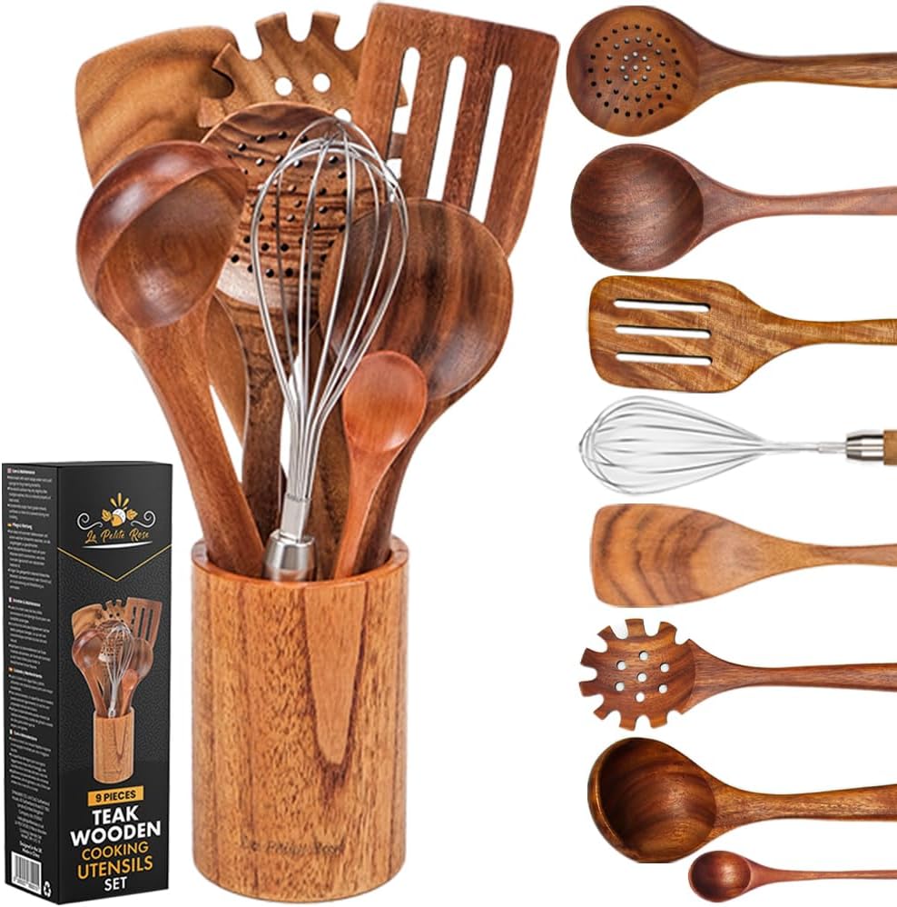 Teakholz-Kochutensilien-Set – 9-teilig – La Pelite Rose – Servierlöffel, Schöpflöffel, Pfannenwender, Schneebesen – Robust, Langlebig, Hitzebeständig – Geschenk zur Hauseinweihung Teakholz-Kochutensilien-Set – 9-teilig – La Pelite Rose – Servierlöffel, Schöpflöffel, Pfannenwender, Schneebesen – Robust, Langlebig, Hitzebeständig – Geschenk zur Hauseinweihung