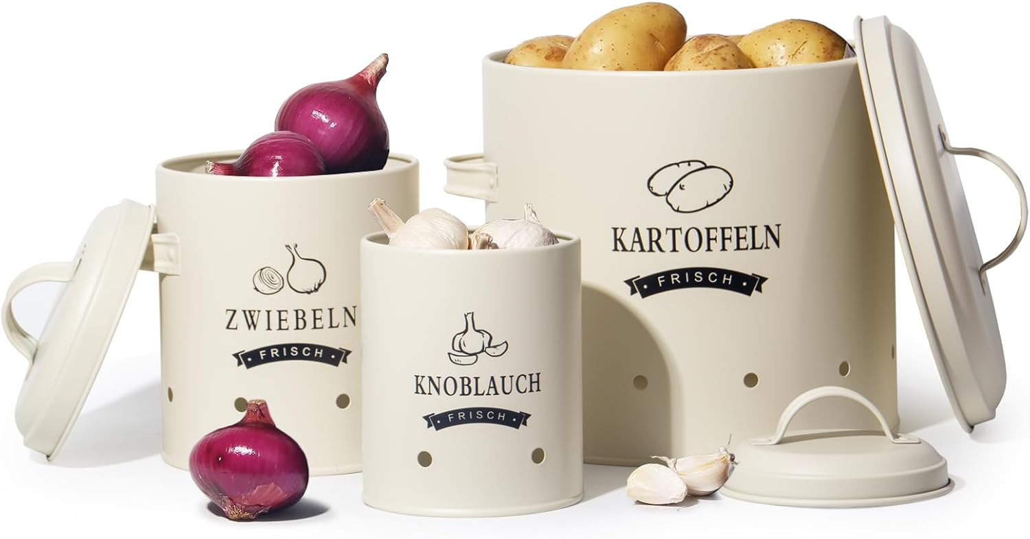 Vorratsdosen Set, Kartoffeltopf im Retro Design Zwiebeltopf, Großer Vorratsbehälter aus Metall, Küche Aufbewahrung, Kann Kartoffeln für eine Lange Zeit lagern (Beige) Vorratsdosen Set, Kartoffeltopf im Retro Design Zwiebeltopf, Großer Vorratsbehälter aus Metall, Küche Aufbewahrung, Kann Kartoffeln für eine Lange Zeit lagern (Beige)