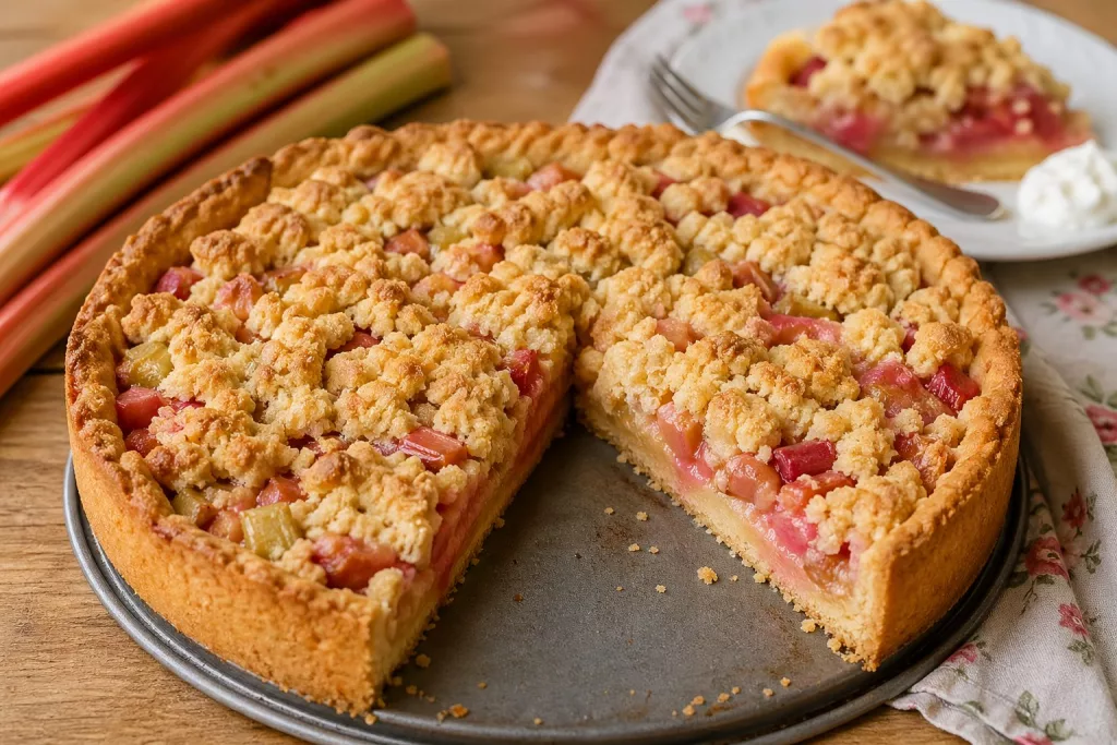 Rhabarber-Streusel-Kuchen selber gebacken und aufgeschnitten