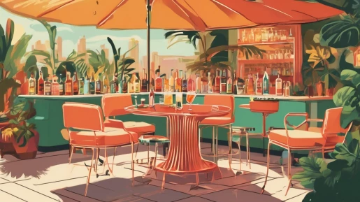 Eine 70er Jahre Szene auf einer Tarasse mit Cocktails