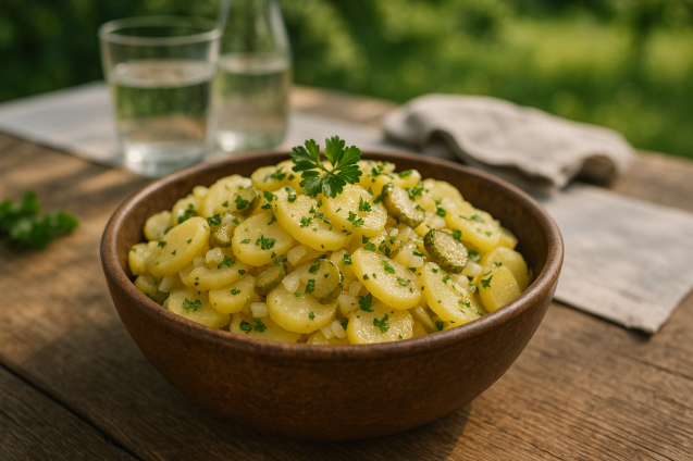 Herrlich einfacher Kartoffelsalat für den Spätsommer.